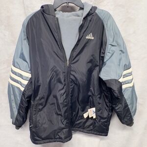 Adidas Hooded Track Jacket Zip Up Black Grey White 3 Stripes Men XL